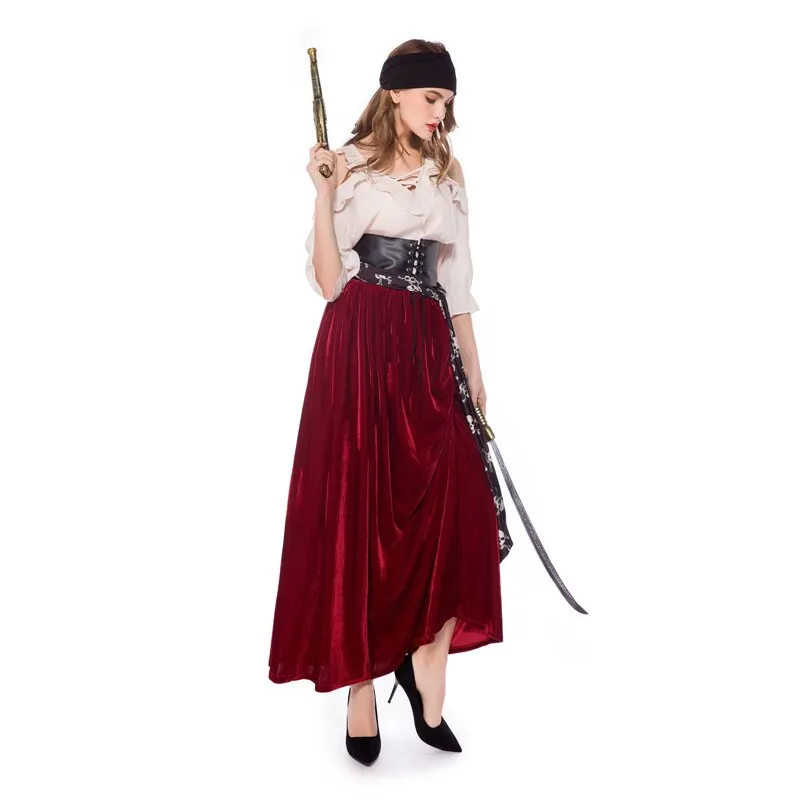 \Female Caribbean Pirates Captain Costume Halloween Cosplay Suit Medoeval Gothic Fancy Woman Dress