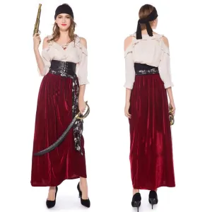 \Female Caribbean Pirates Captain Costume Halloween Cosplay Suit Medoeval Gothic Fancy Woman Dress