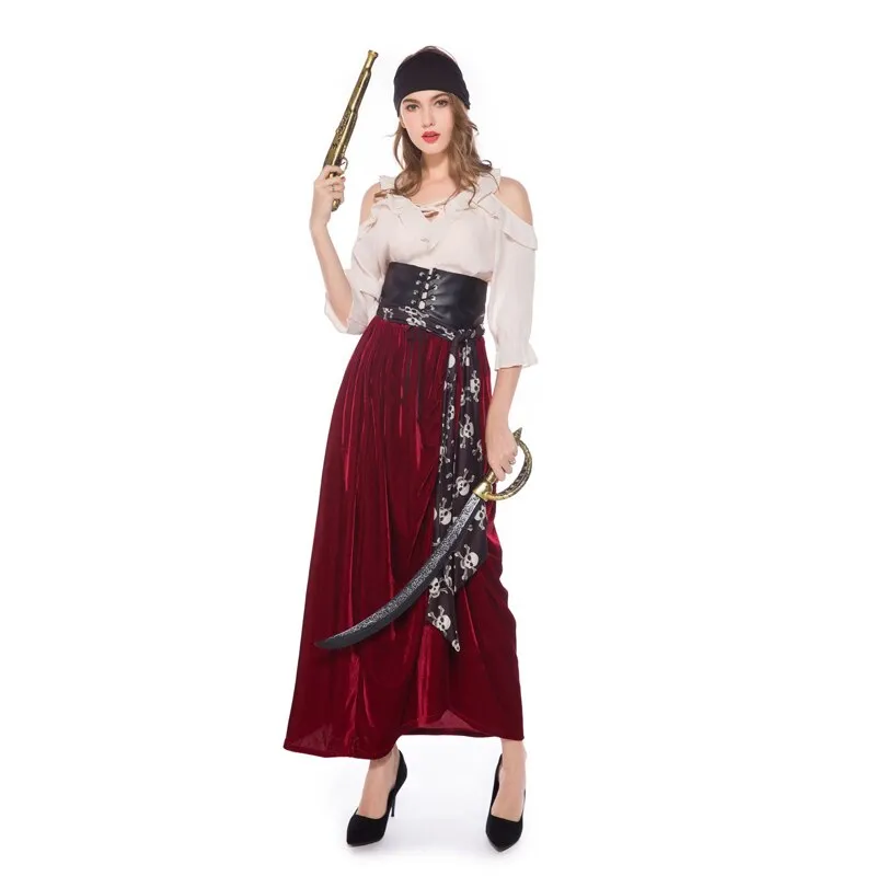 \Female Caribbean Pirates Captain Costume Halloween Cosplay Suit Medoeval Gothic Fancy Woman Dress