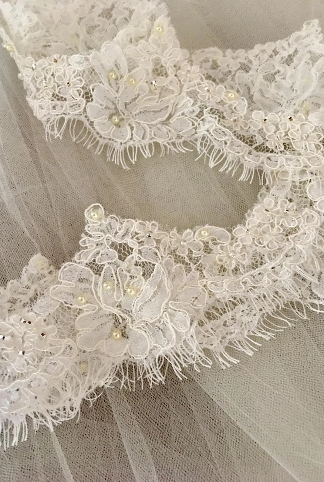 Fingertip Length Wedding Veil with French Lace Trim