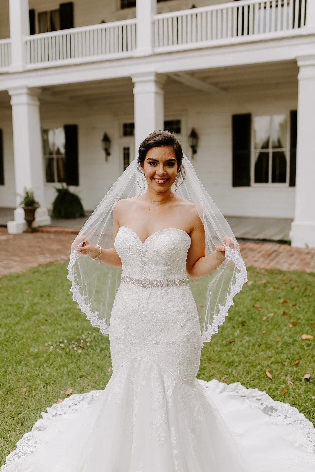 Fingertip Wedding Veil with Classic French Alencon Lace Trim