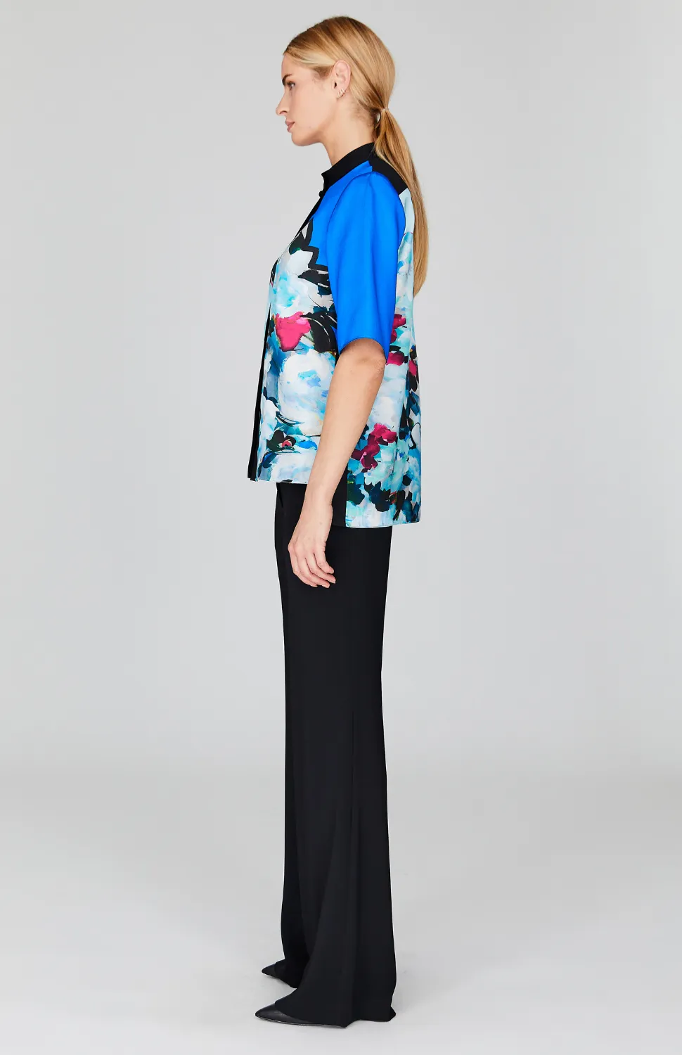 Floral Impression Short Sleeve Mandarin Collar Shirt