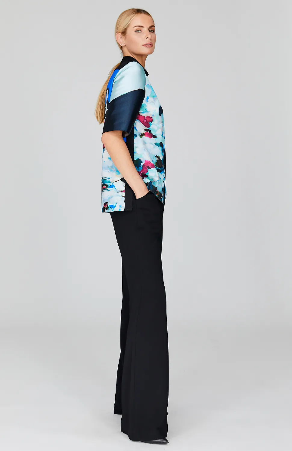 Floral Impression Short Sleeve Mandarin Collar Shirt