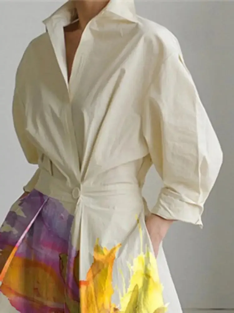 Floral Printed Pleated Lapel A-Line Dress