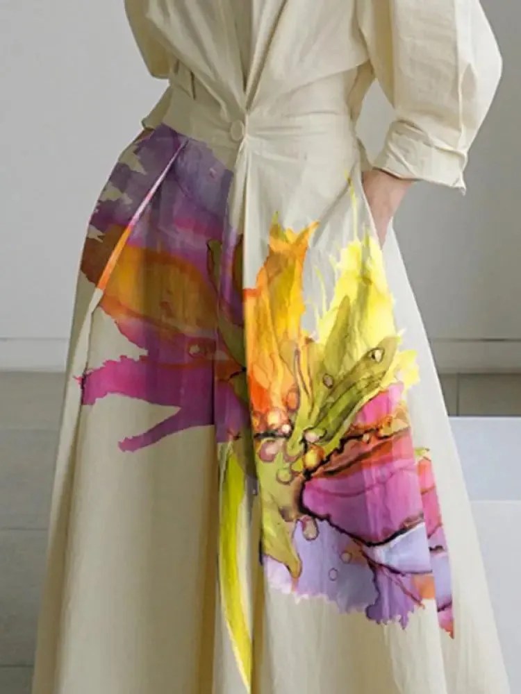 Floral Printed Pleated Lapel A-Line Dress