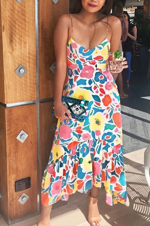 Floral Printed Summer Backless Mid Calf Dress