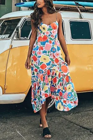 Floral Printed Summer Backless Mid Calf Dress
