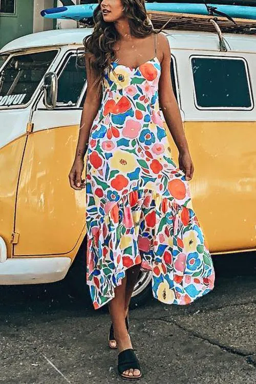 Floral Printed Summer Backless Mid Calf Dress