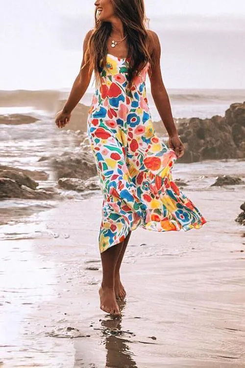 Floral Printed Summer Backless Mid Calf Dress