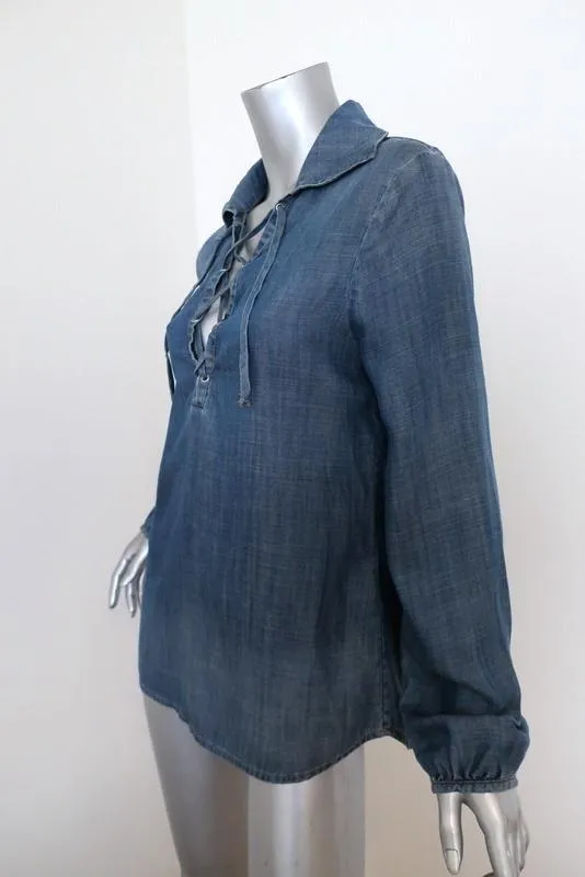 FRAME Shirt Lace-Up Blouse Hadley Chambray Denim Size Small Long Sleeve Top