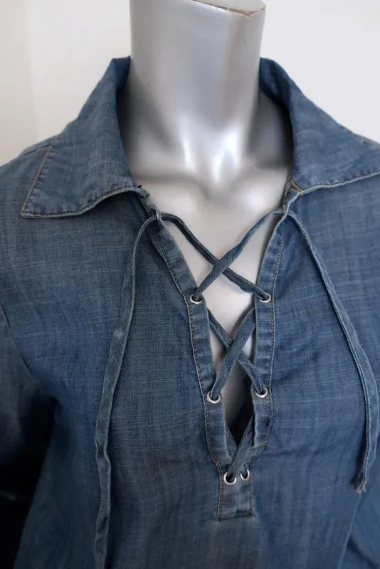 FRAME Shirt Lace-Up Blouse Hadley Chambray Denim Size Small Long Sleeve Top