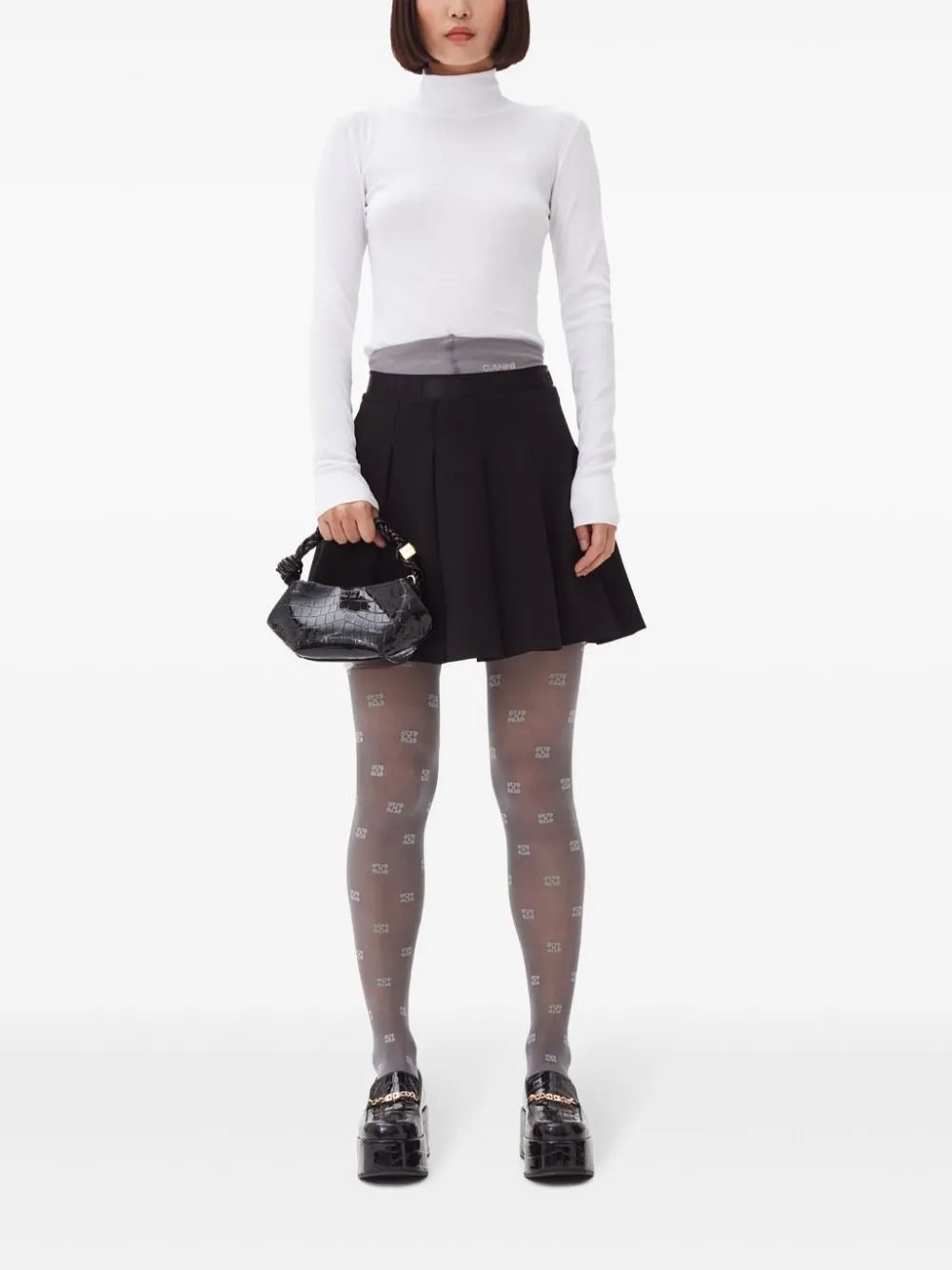 Ganni Light Twill Pleated Mini Skirt in Black