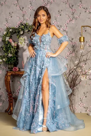 GL 3358 - 3D Floral A-Line Prom Gown with Puff Sleeves Sheer Boned Bodice Leg Slit Corset Back & Detachable Layered Ruffle Skirt