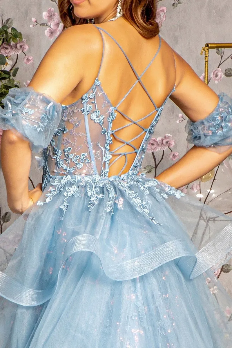 GL 3358 - 3D Floral A-Line Prom Gown with Puff Sleeves Sheer Boned Bodice Leg Slit Corset Back & Detachable Layered Ruffle Skirt