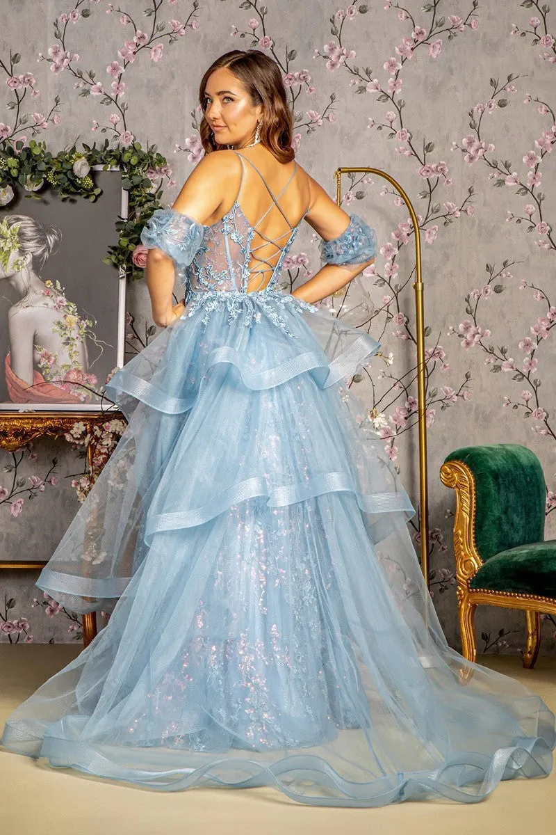 GL 3358 - 3D Floral A-Line Prom Gown with Puff Sleeves Sheer Boned Bodice Leg Slit Corset Back & Detachable Layered Ruffle Skirt