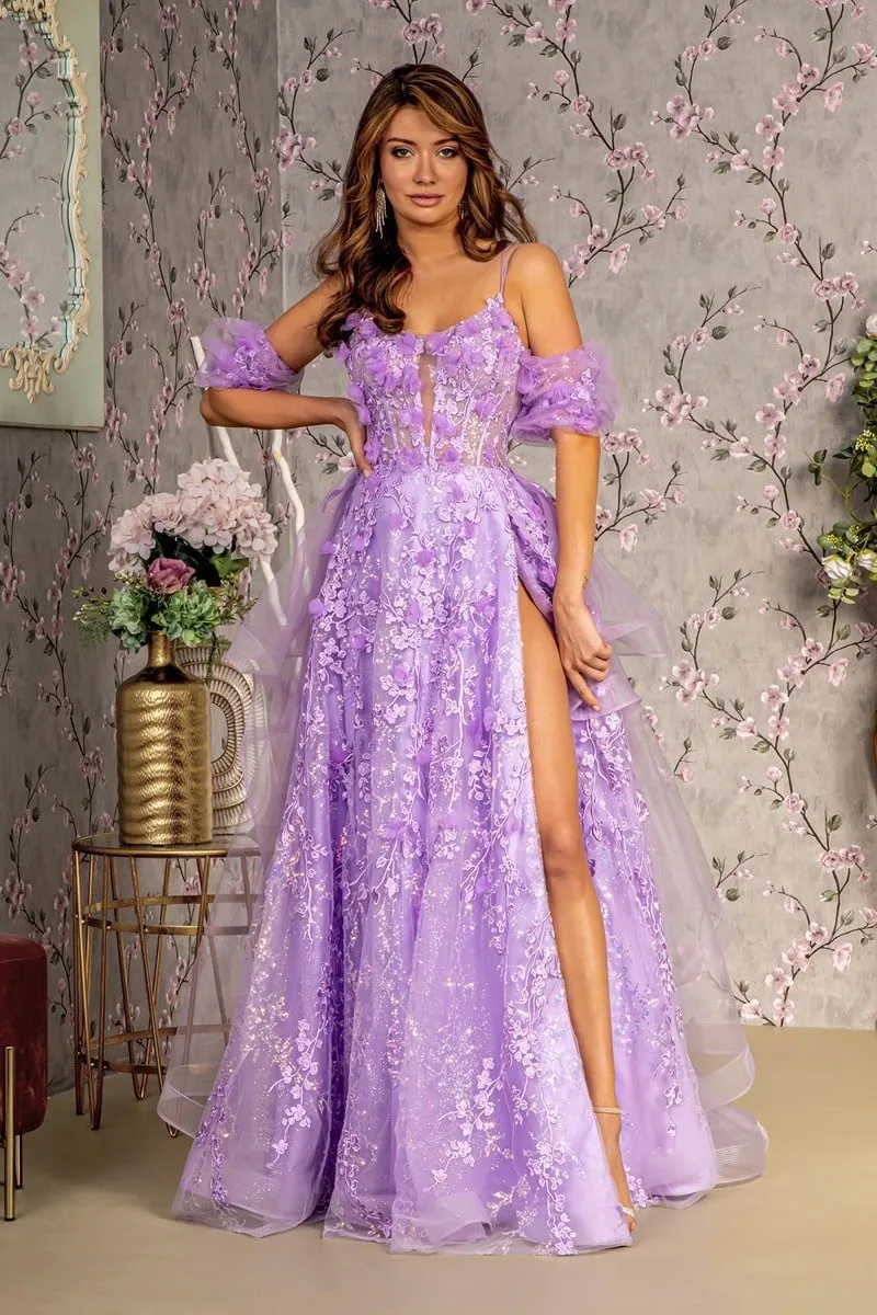GL 3358 - 3D Floral A-Line Prom Gown with Puff Sleeves Sheer Boned Bodice Leg Slit Corset Back & Detachable Layered Ruffle Skirt