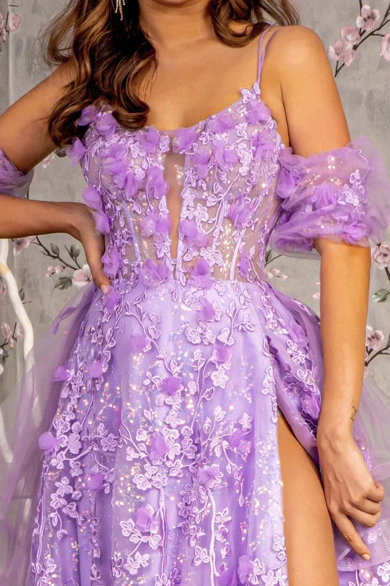 GL 3358 - 3D Floral A-Line Prom Gown with Puff Sleeves Sheer Boned Bodice Leg Slit Corset Back & Detachable Layered Ruffle Skirt
