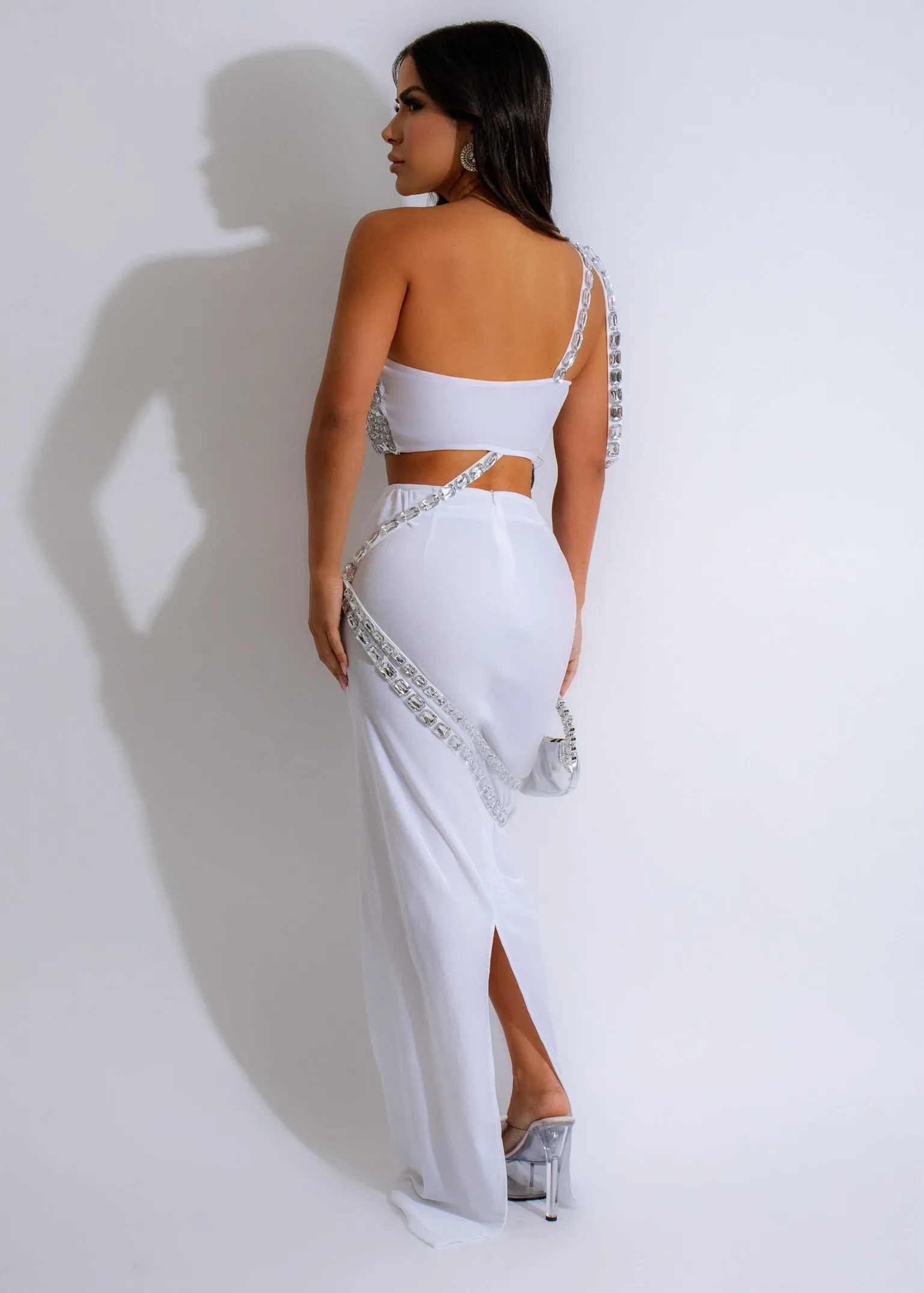 Glamour Nights Velvet Rhinestones Skirt Set White