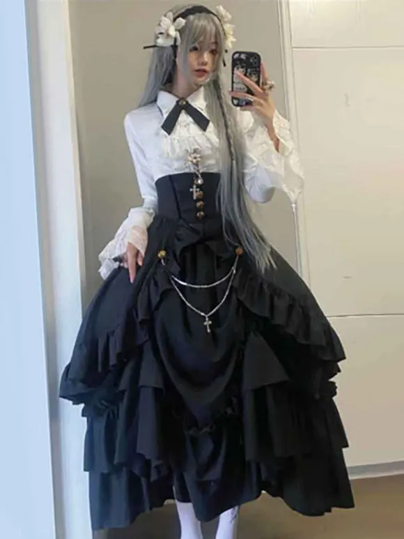 Gothic Lolita SK Ruffles Black Jacquard Lolita Skirt