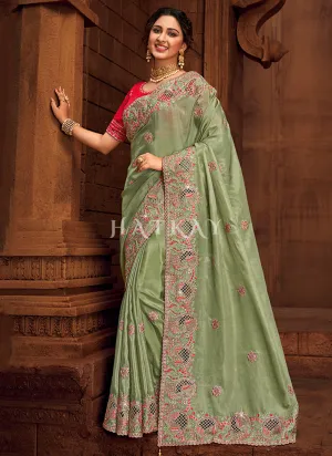 Green And Red Multi Embroidered Partywear Saree