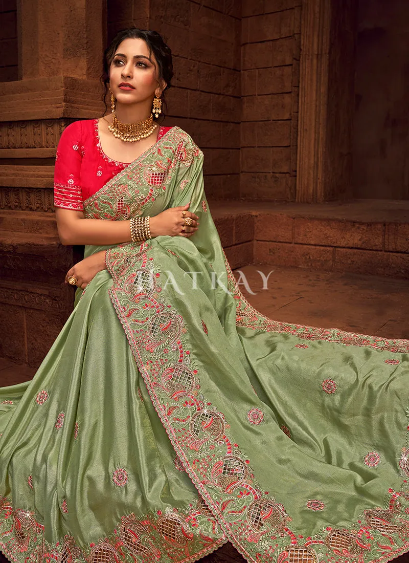 Green And Red Multi Embroidered Partywear Saree