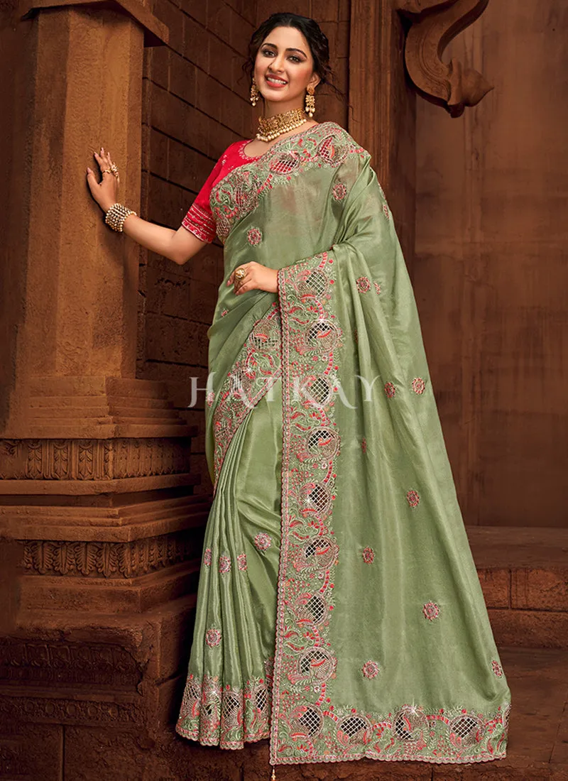 Green And Red Multi Embroidered Partywear Saree