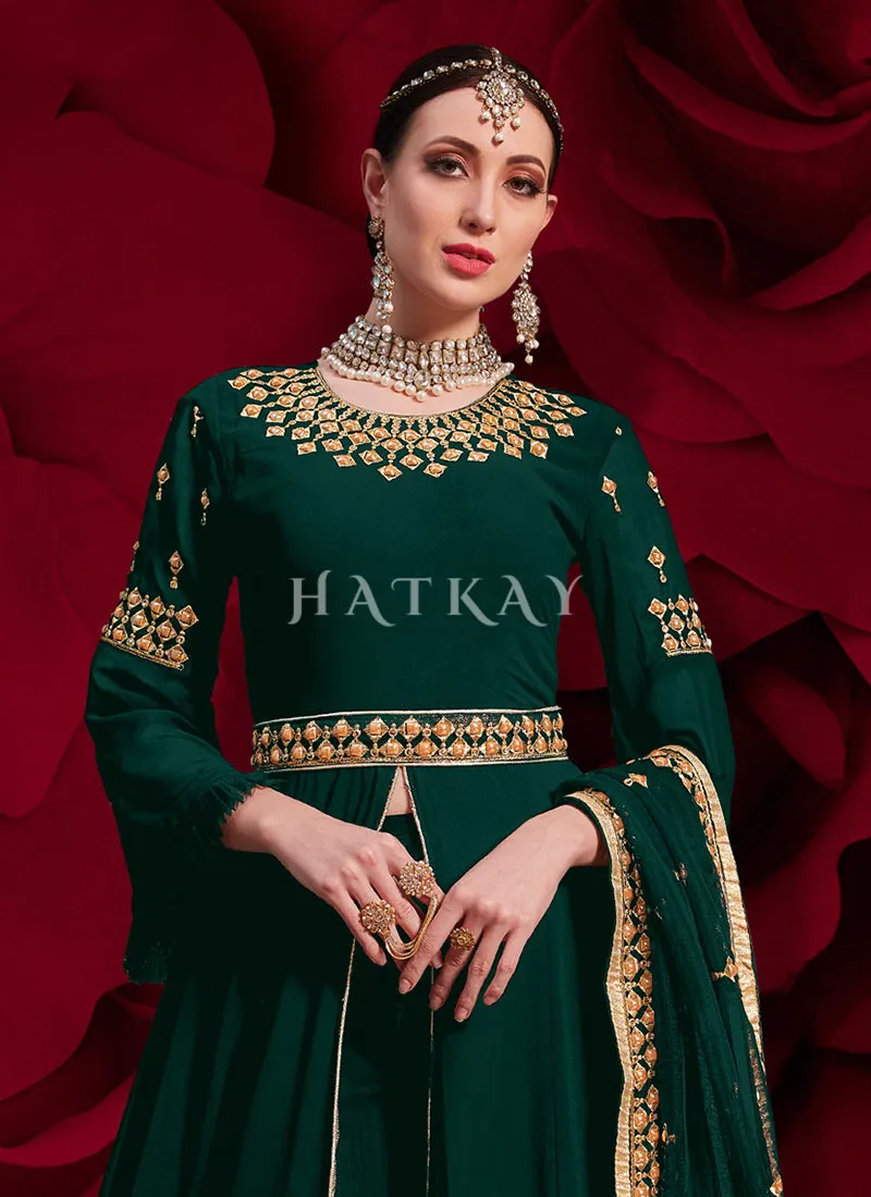 Green Golden Embroidered Slit Style Anarkali Pant Suit