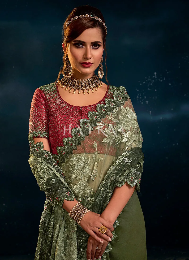 Green Sequence Embroidered Festive Saree