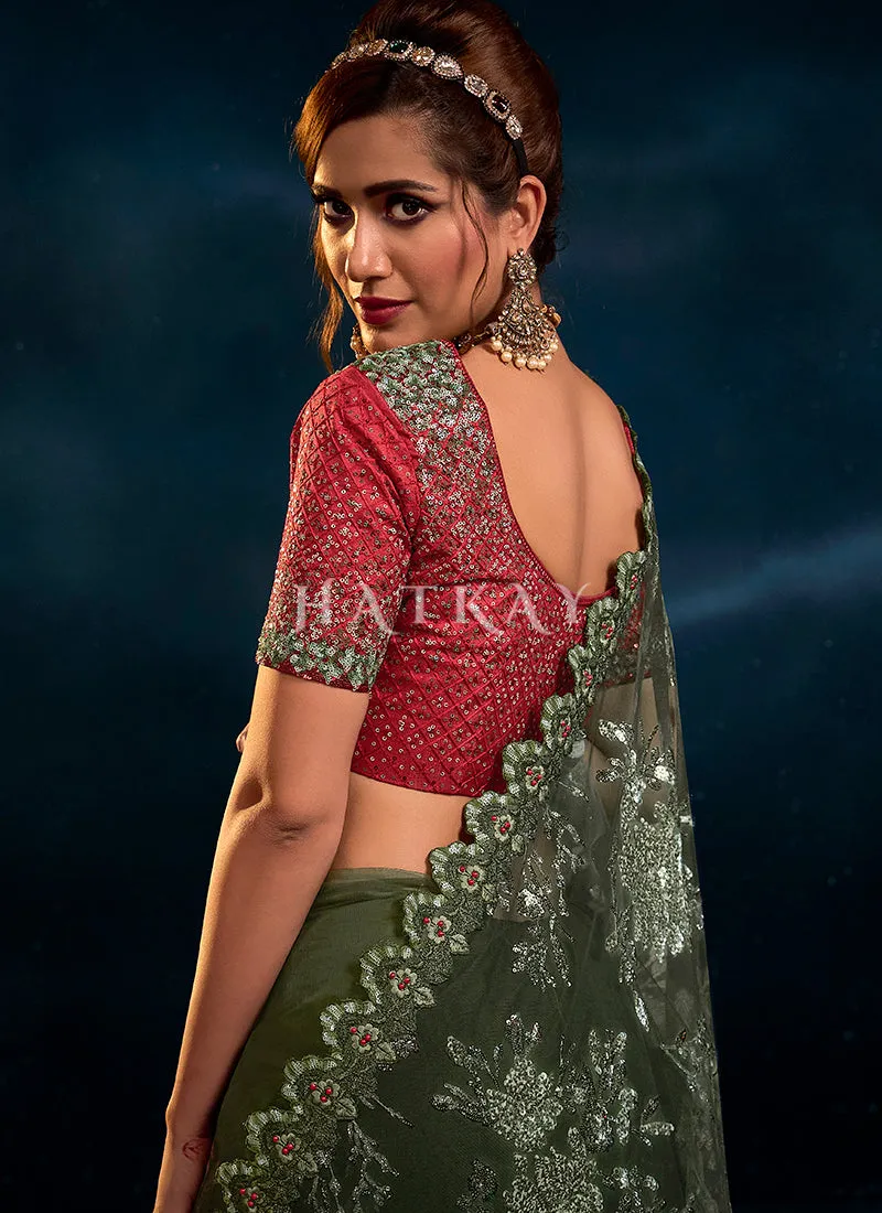 Green Sequence Embroidered Festive Saree