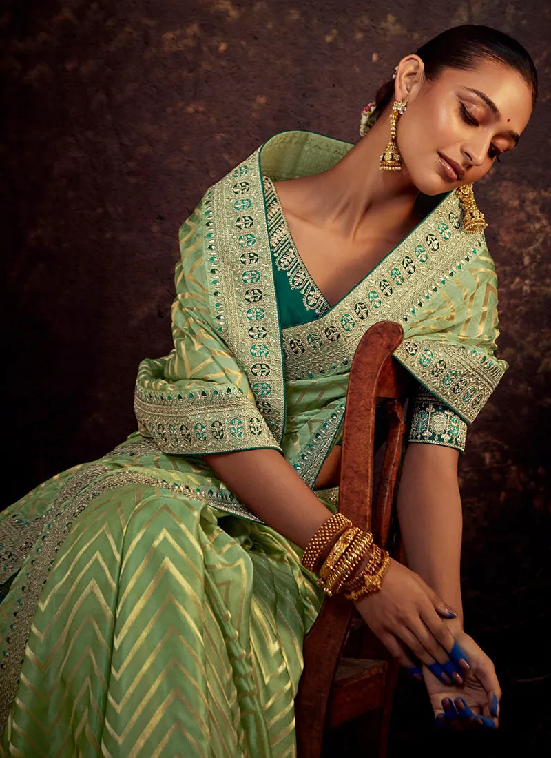 Green Two Tone Embroidered Organza Silk Saree