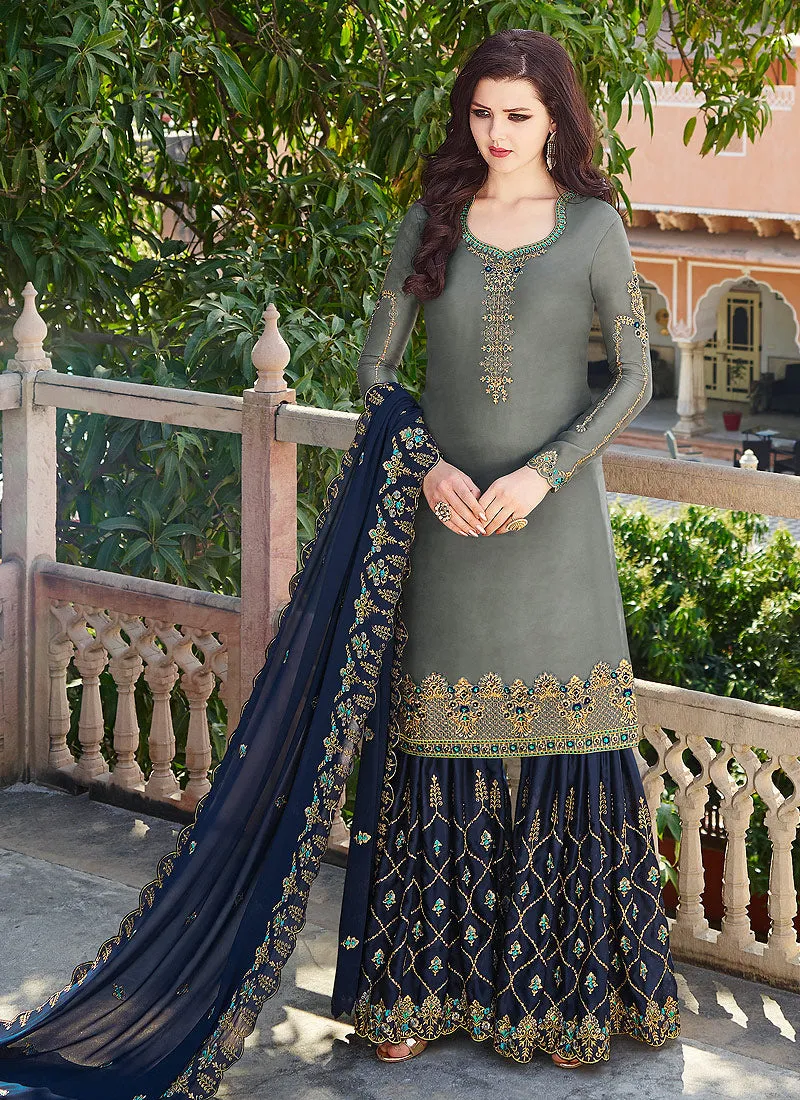 Grey And Blue Embroidered Gharara Suit
