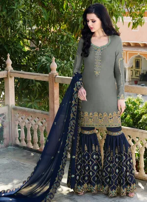Grey And Blue Embroidered Gharara Suit