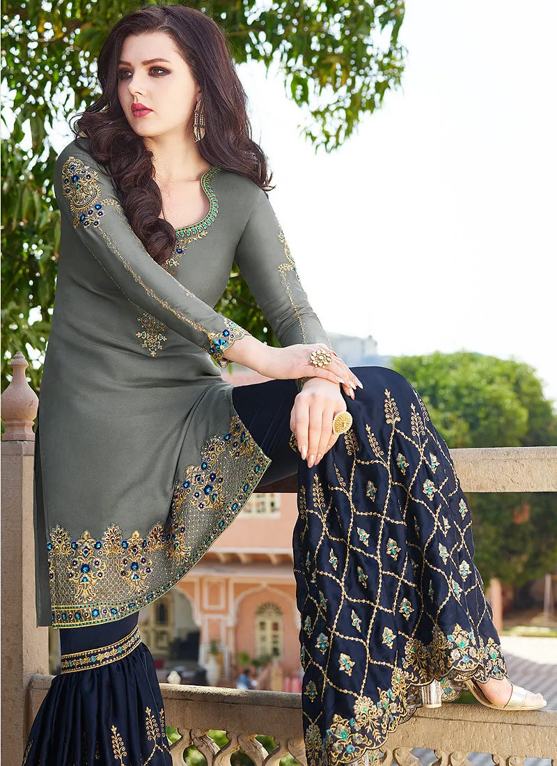 Grey And Blue Embroidered Gharara Suit