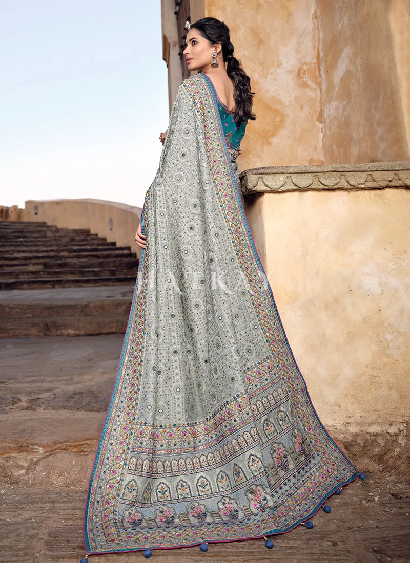 Grey And Blue Traditional Embroidered Banarasi Silk Saree