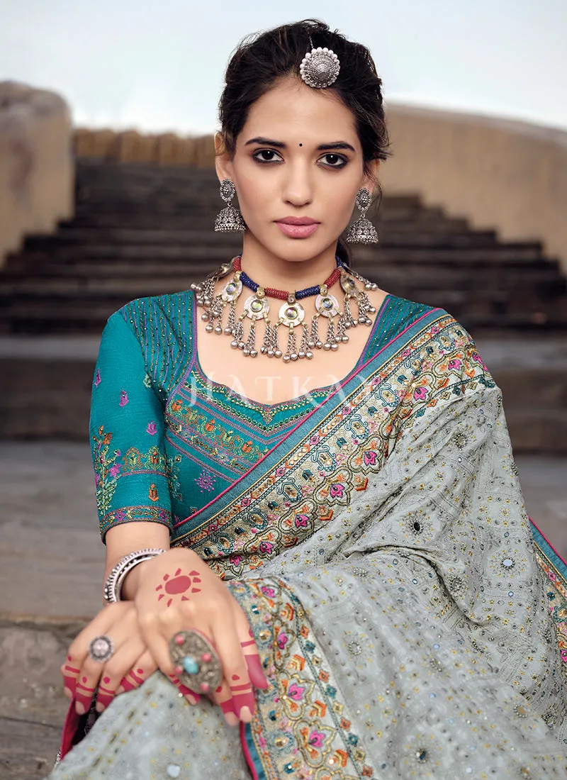 Grey And Blue Traditional Embroidered Banarasi Silk Saree