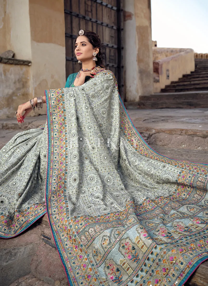 Grey And Blue Traditional Embroidered Banarasi Silk Saree