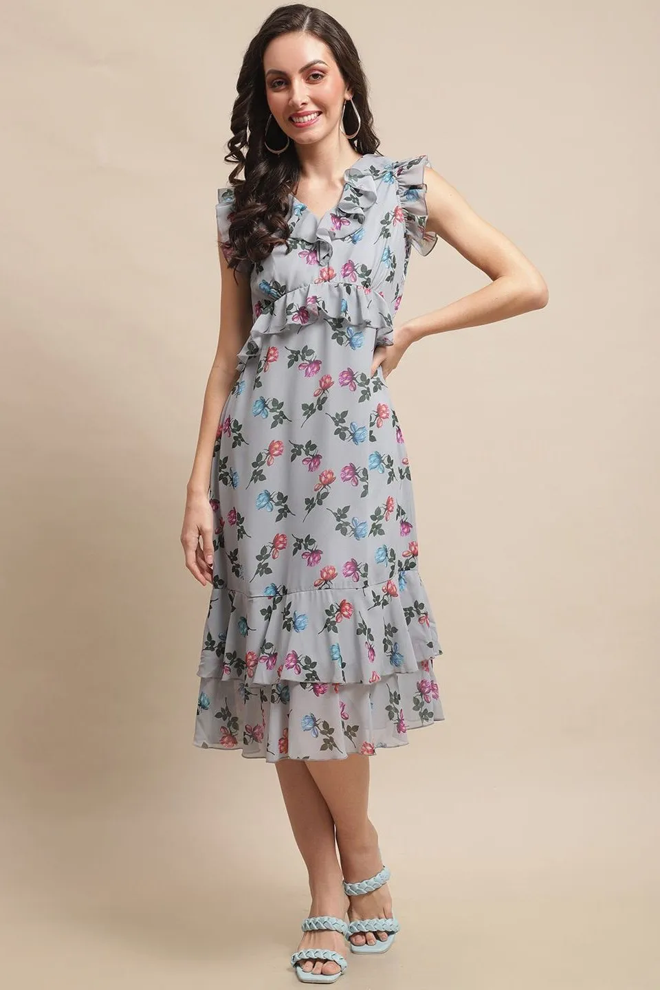 Grey Color Floral Printed Georgette Dress For Women