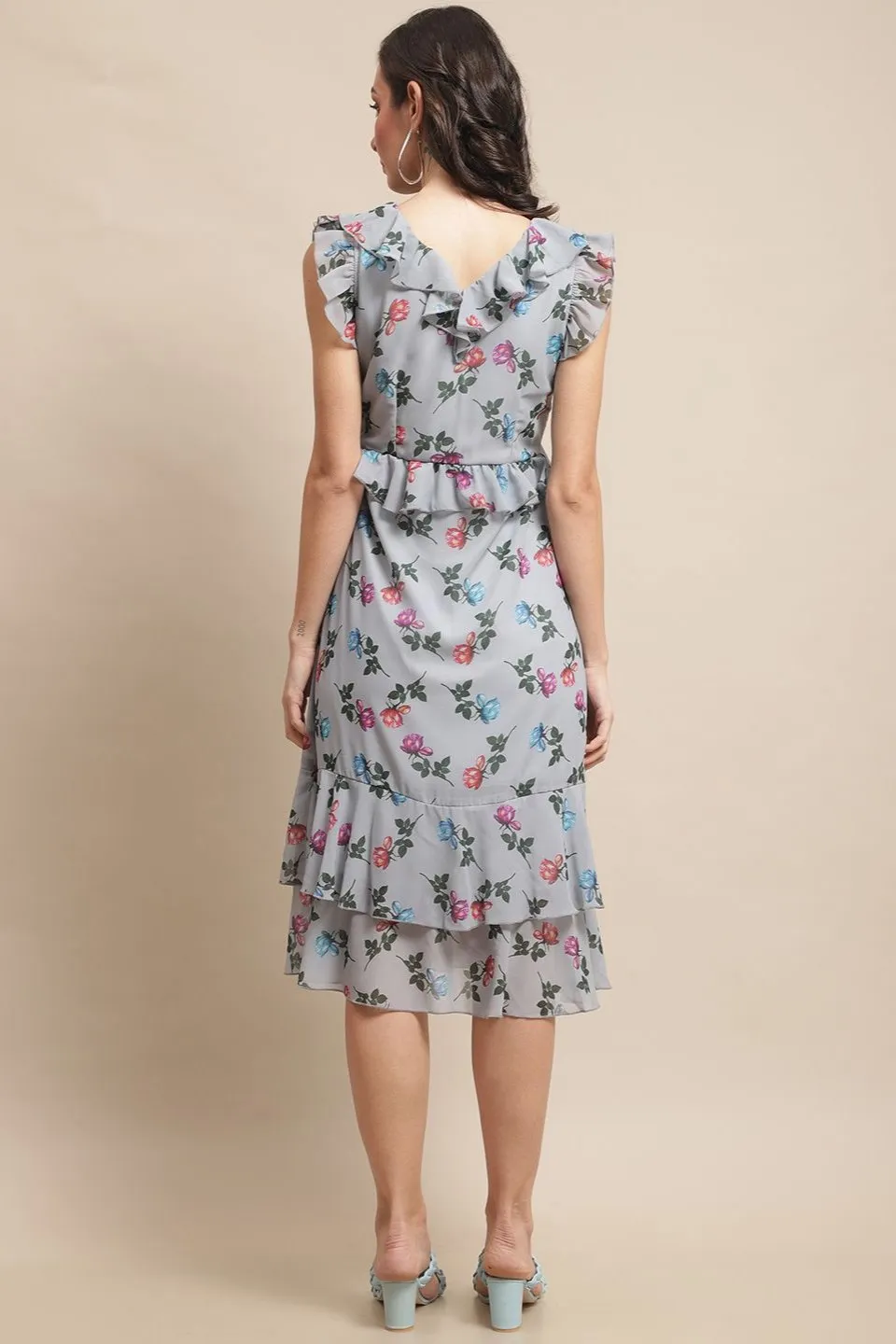 Grey Color Floral Printed Georgette Dress For Women