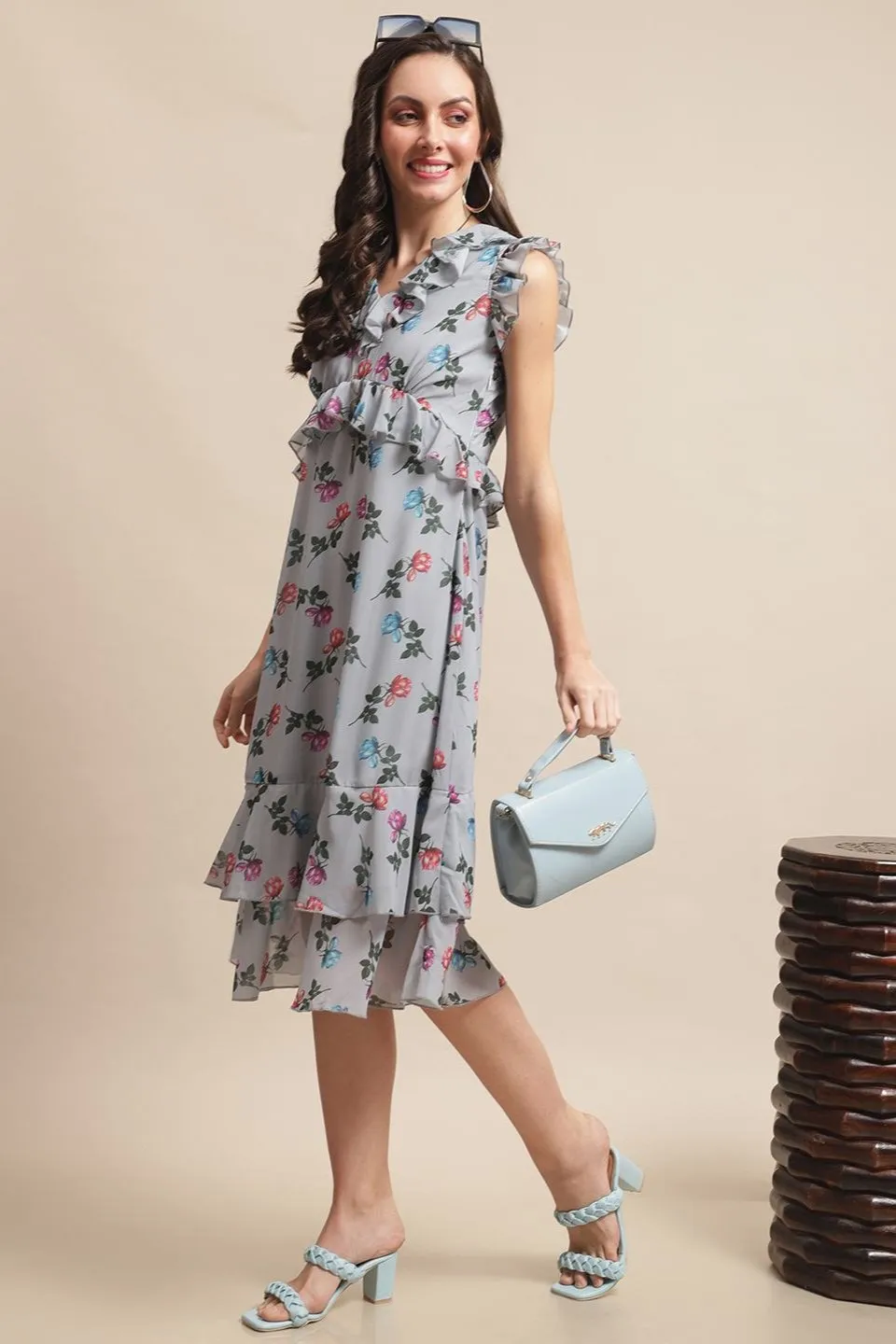 Grey Color Floral Printed Georgette Dress For Women