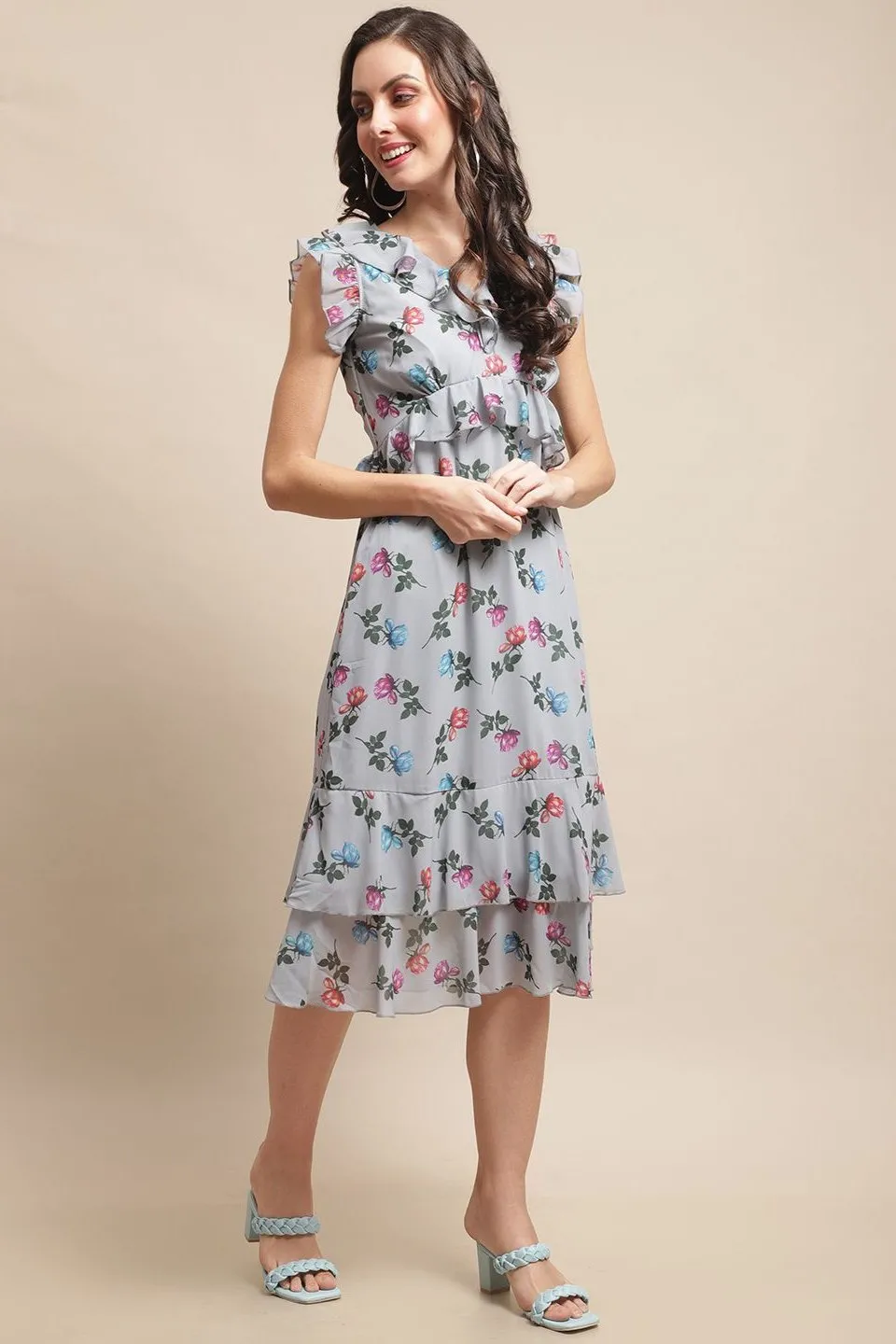 Grey Color Floral Printed Georgette Dress For Women