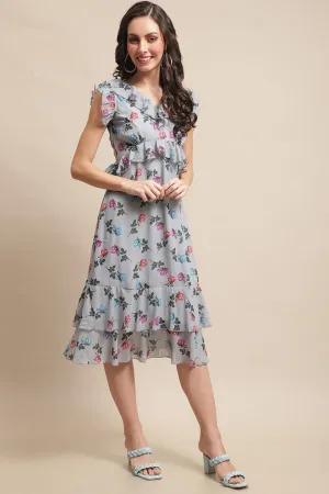 Grey Color Floral Printed Georgette Dress For Women