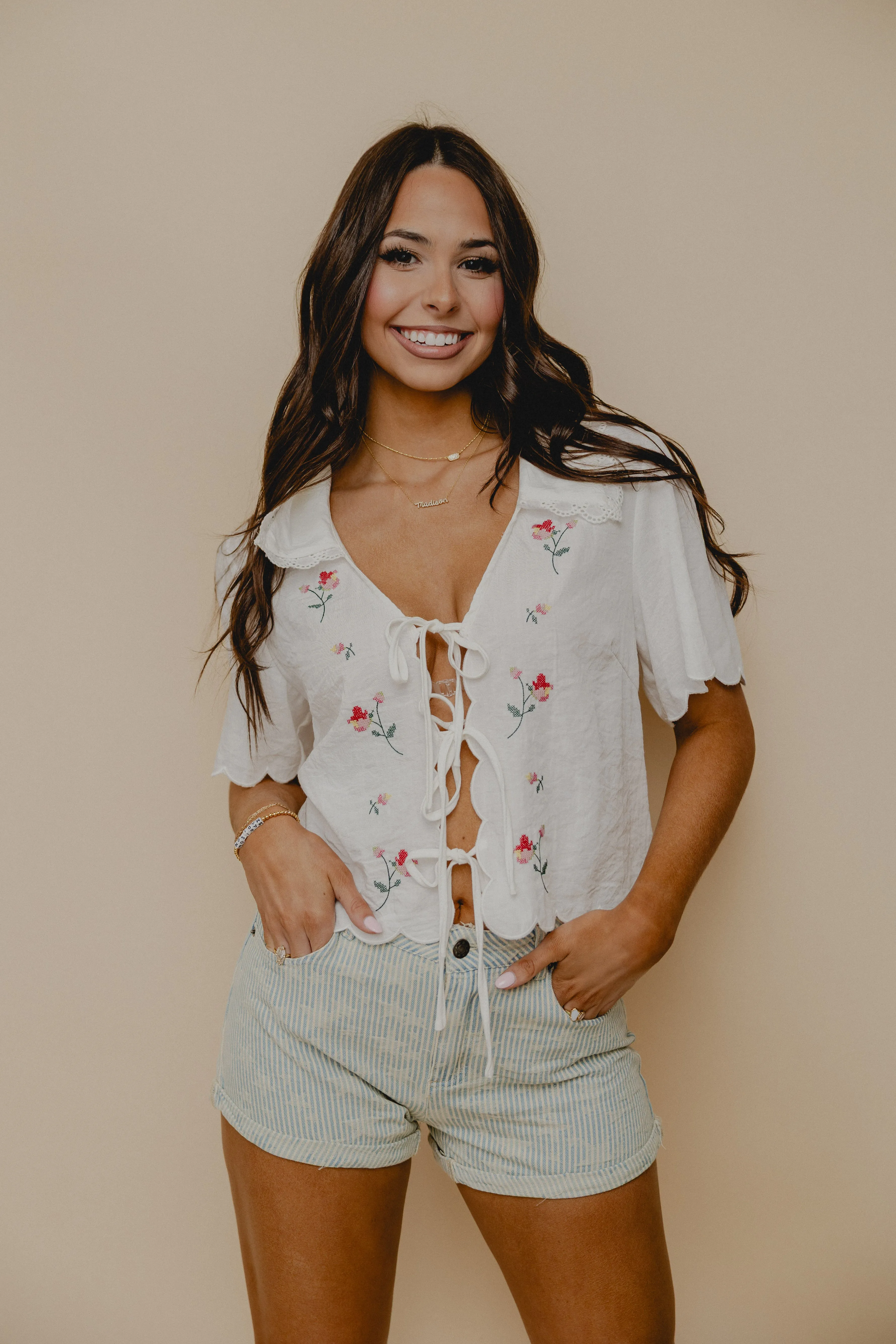 Harvest Moon Embroidered Tie Blouse White