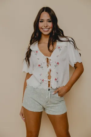 Harvest Moon Embroidered Tie Blouse White