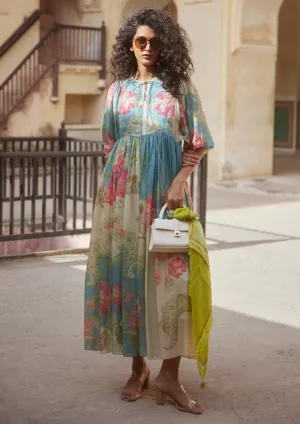 Ivory multicolor printed maxi dress and scarf