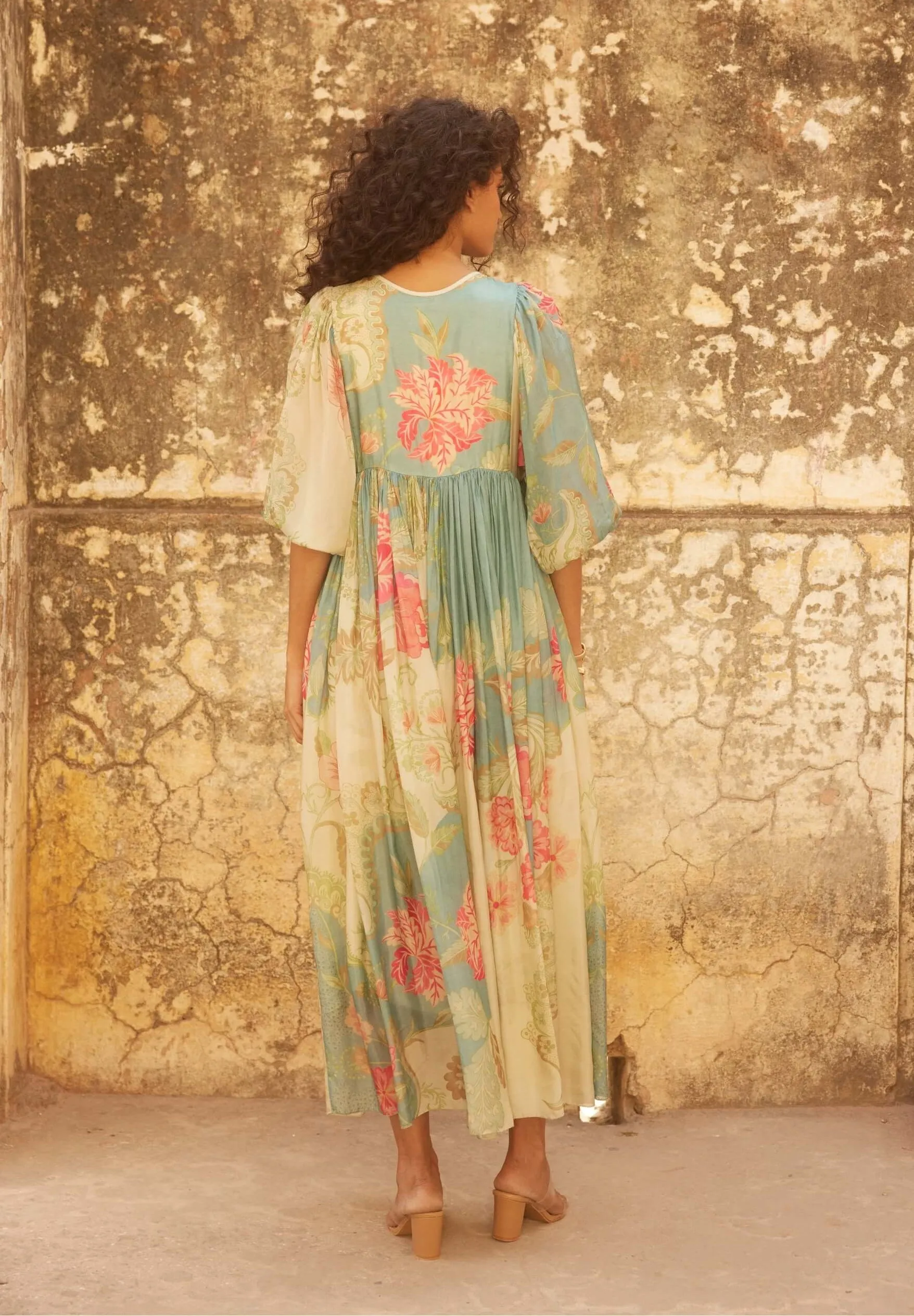 Ivory multicolor printed maxi dress and scarf