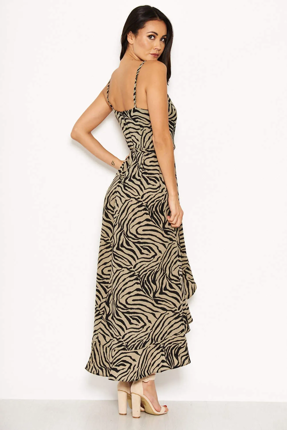 Khaki Animal Print Frill Hem Dress