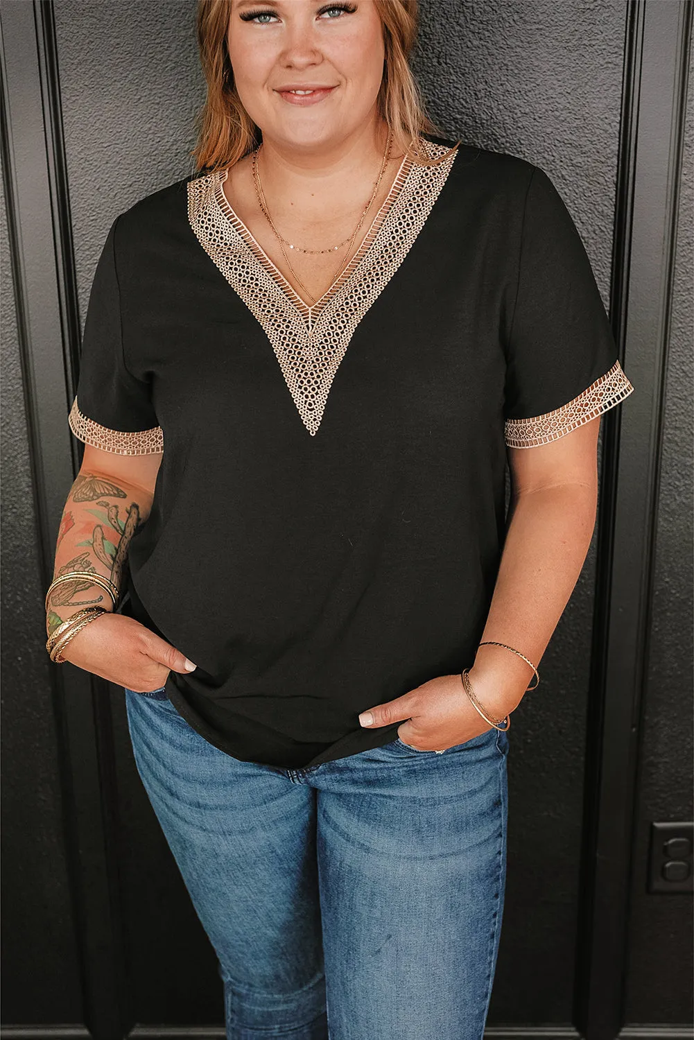 Lace Trim V Neck Plus Size Top