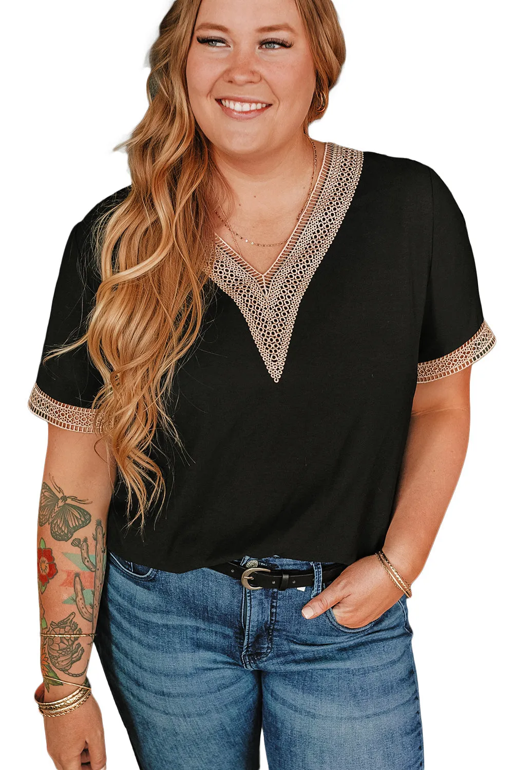 Lace Trim V Neck Plus Size Top