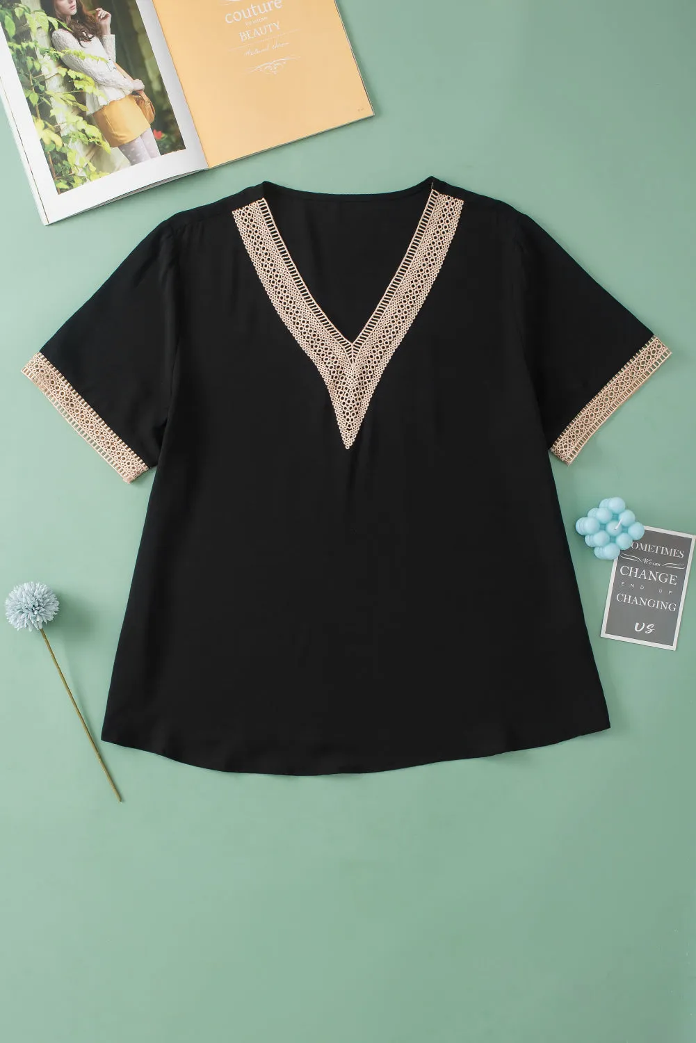 Lace Trim V Neck Plus Size Top