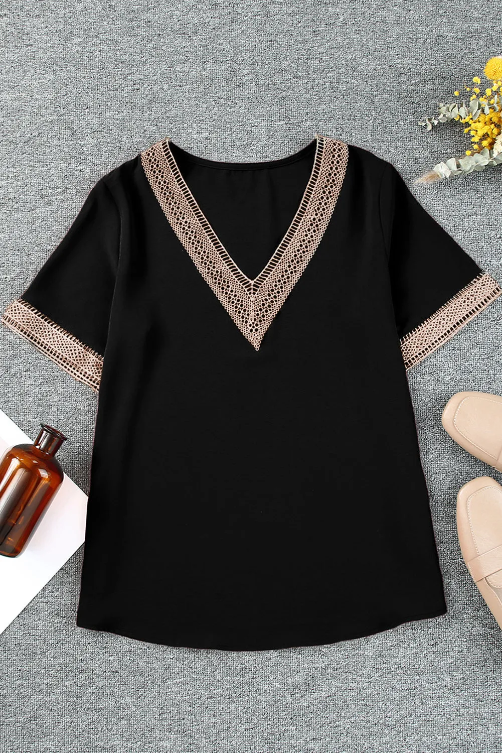 Lace Trim V Neck Plus Size Top